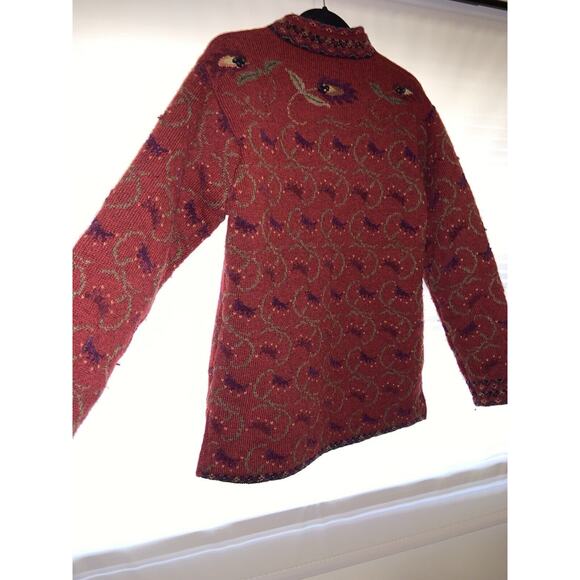 Icelandic Design Wool Size Medium Deep Red Floral Zip Up Jacket Lined Cardigan - Picture 2 of 7